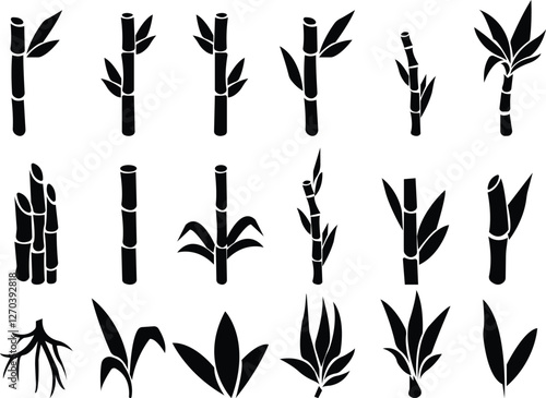 Bamboo, sugarcane vector icon set, in glyph style designs elements, sweeteners for drinks. leaves, sugar ingredient stem. Design elements for social network and application. on transparent background.