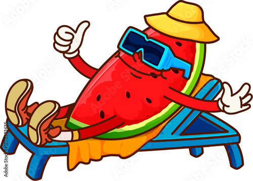 Groovy cartoon watermelon piece cute character in sunglasses lying on beach lounge chair. Ripe watermelon slice vector happy character on summer vacation. Juicy fruit slice groovy personage on beach