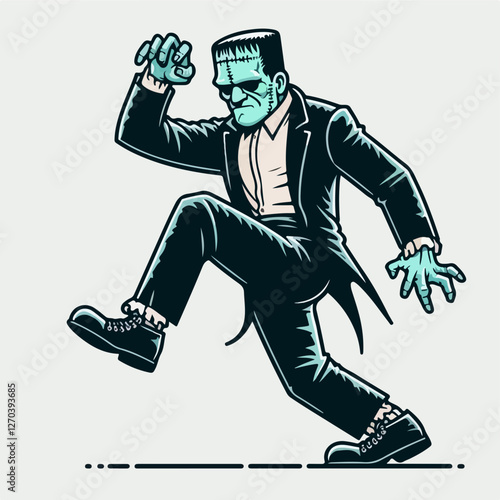 Frankenstein's Stroll: A stylized illustration of Frankenstein's monster, stepping with a determined stride in a dark suit, evoking a sense of classic horror and eerie charm.