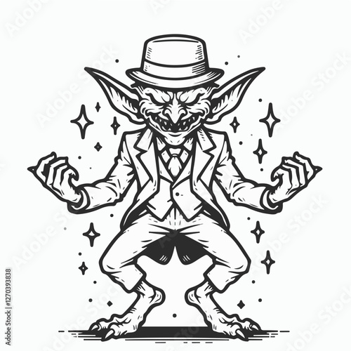 Dance Enigmatic Goblin in a Suit: A stylized illustration of a mischievous goblin, dressed in a suit and fedora, radiating an aura of dark charm and mystery.