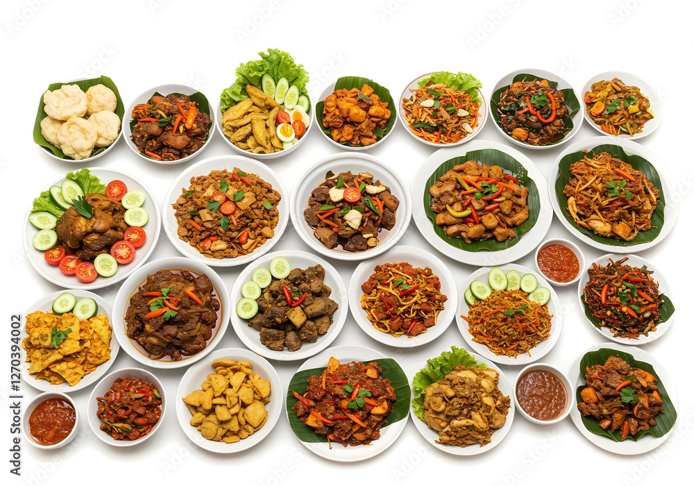 Fototapeta premium Large Eid feast with traditional dishes rendang, opor ayam, and sambal goreng on a white background