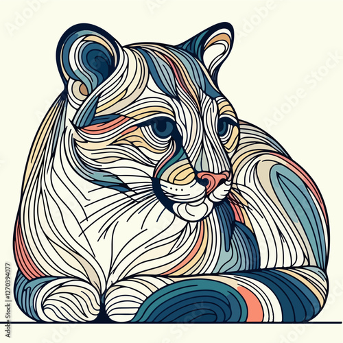 Artistic Serenity: A meticulously designed line art depiction of a serene feline creature, showcasing detailed patterns, colors, and artistic charm.