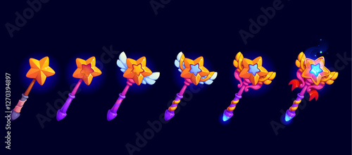 Magic wand rank badge, game level progress stage from a simple wooden staff to an enchanted glowing staff with wings and mystical energy. Assets for fantasy games, rpg or magical gui interfaces