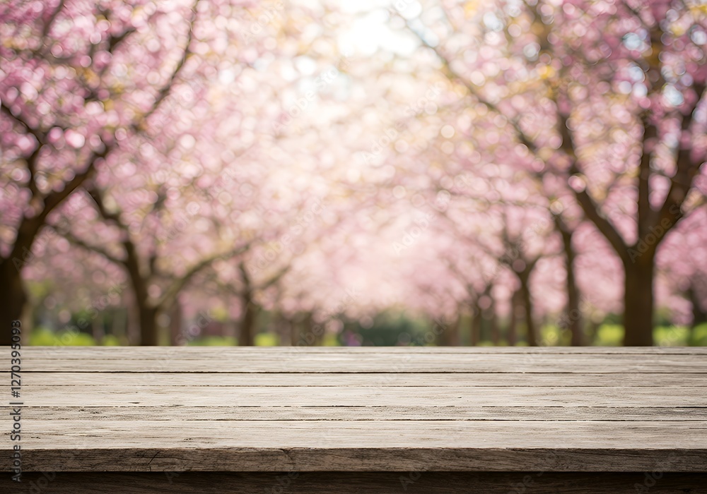 Wooden Table with Blurry Cherry Blossom Trees in Spring Background Wooden Table with Blurry Cherry Blossom Trees in Spring Background