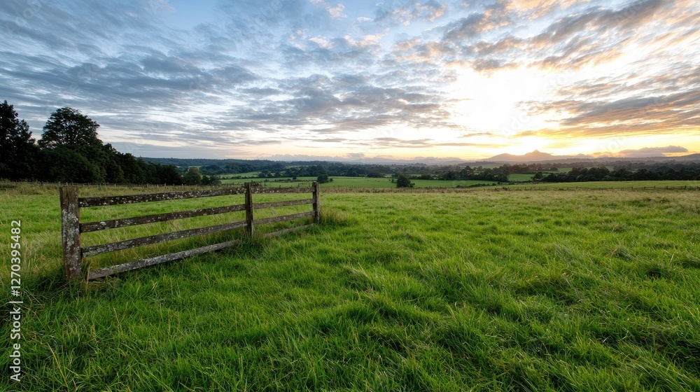 Sunset over green pasture, wooden fence, hilly landscape; idyllic rural scene for travel brochures Sunset over green pasture, wooden fence, hilly landscape; idyllic rural scene for travel brochures
