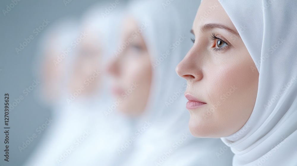 Women in hijabs, thoughtful expressions, conference background, professional portrait Women in hijabs, thoughtful expressions, conference background, professional portrait