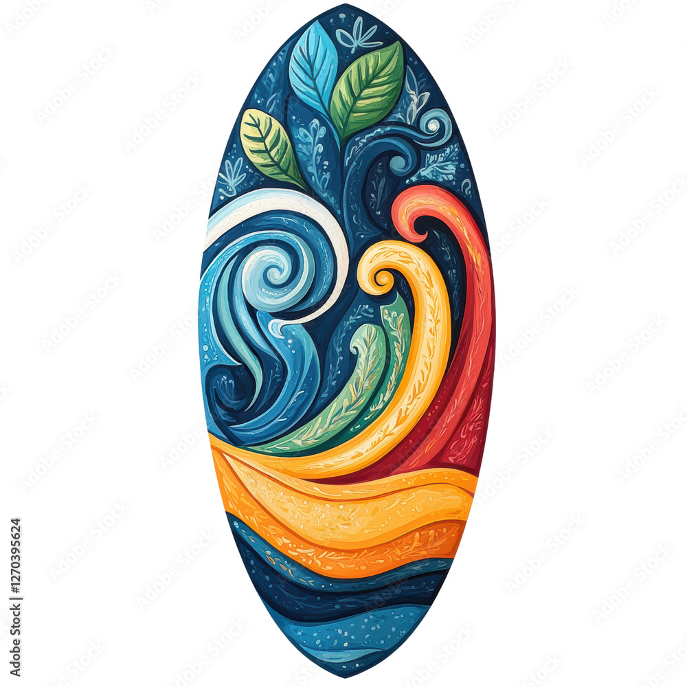 A colorful surfboard featuring intricate wave and leaf designs, showcasing vibrant swirls in blue, orange, yellow, and green. isolated on white background A colorful surfboard featuring intricate wave and leaf designs, showcasing vibrant swirls in blue, orange, yellow, and green. isolated on white background