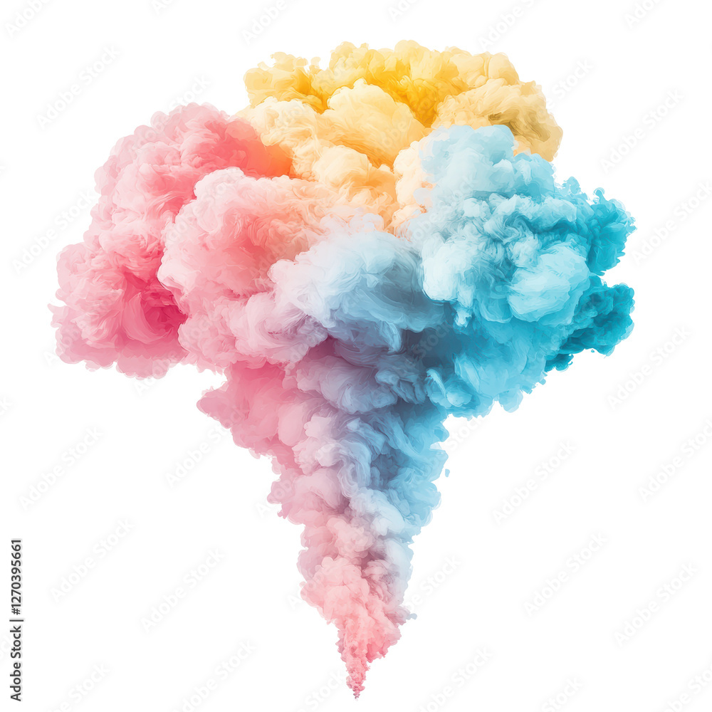 Fototapeta premium A vibrant, colorful cloud formation with hues of pink, blue, and yellow, resembling an artistic explosion of smoke.