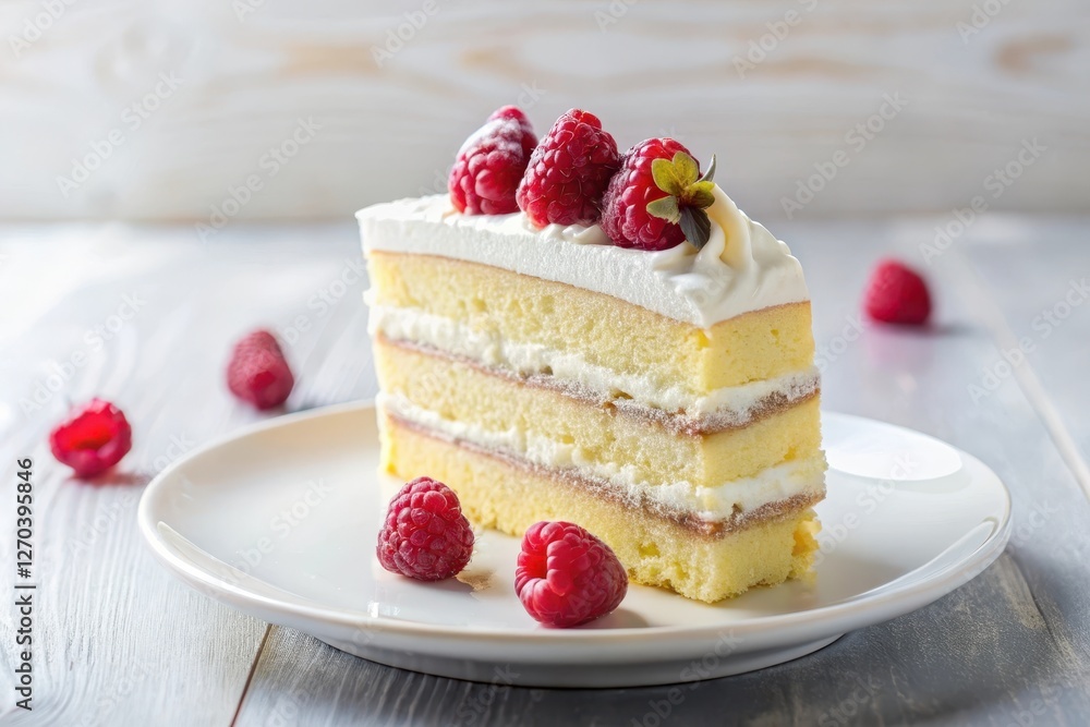 A delightful slice of layered vanilla cake, delicately frosted and adorned with fresh raspberries, rests elegantly on a pristine white plate. A delightful slice of layered vanilla cake, delicately frosted and adorned with fresh raspberries, rests elegantly on a pristine white plate.