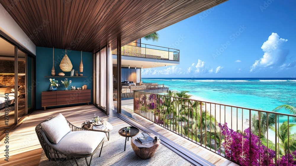 Fototapeta premium Oceanfront balcony luxury condo rendering, tropical beach view