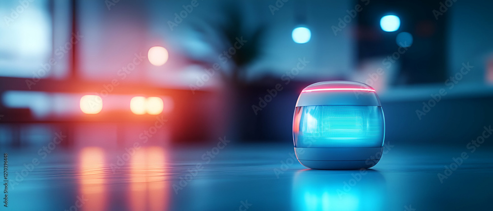 Fototapeta premium Close-up view of a modern smart device with glowing blue light in a stylish interior setting.