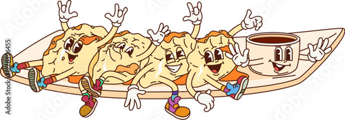 Korean cuisine food character of Asian mandu dumplings, vector funny cartoon. Groovy mandu or mandoo dumplings with happy silly face and funny smiles on plate with sauce for Korean cuisine character