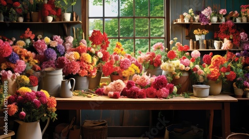 dahlias flower shop table photo