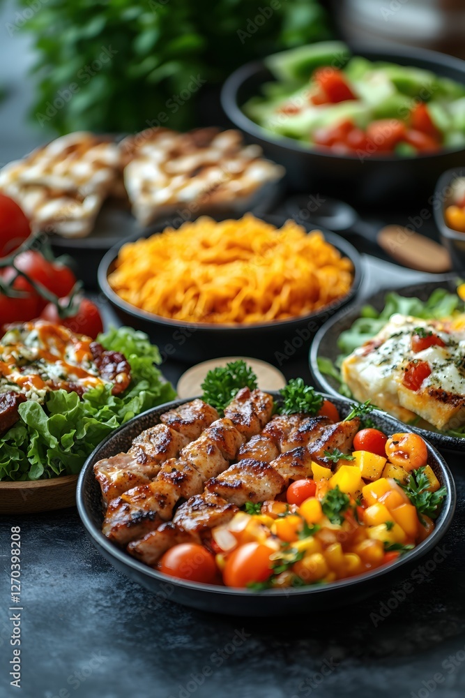 Fototapeta premium Delicious Grilled Skewers with Colorful Salad and Various Dishes on Dark Tabletop