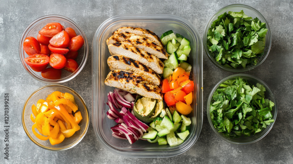 Fresh meal prep scene featuring grilled chicken, colorful vegetables, and herbs. Perfect for healthy eating and balanced nutrition. Enjoy vibrant and nutritious lunch Fresh meal prep scene featuring grilled chicken, colorful vegetables, and herbs. Perfect for healthy eating and balanced nutrition. Enjoy vibrant and nutritious lunch