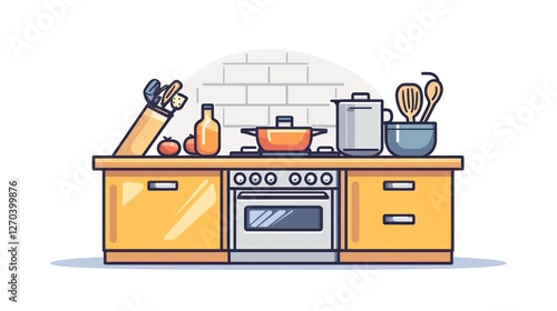 Kitchen countertop with cooking utensils and food.  Modern and minimalist illustration. Use for food design, home decor, or cooking ideas photo