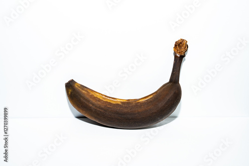 Photography “Overripe banana with a dark, decayed texture against a white background