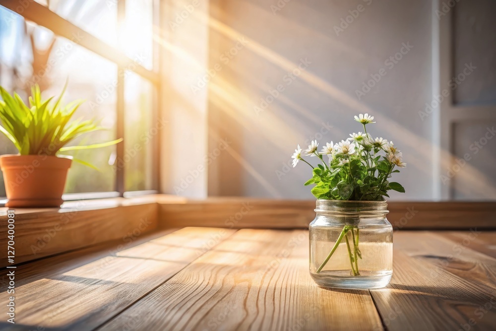 Sunlit Wooden Table with Daisies in a Glass Jar near a Window Sunlit Wooden Table with Daisies in a Glass Jar near a Window