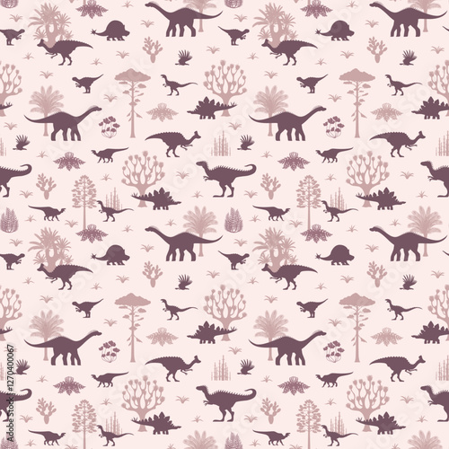Prehistoric dinosaur seamless pattern with dino animal species, plants and vegetation silhouettes. Vector tile background with repetitive motif for for children textile, wallpaper or wrapping paper