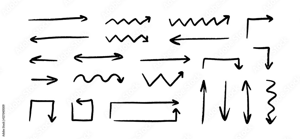 Hand drawn zigzag and straight arrow set. Black grunge sketch arrow collection. Doodle sketch pointer and direction lines. Squared and rectangle brush stroke bundle for flyer, poster, brochure. Vector Hand drawn zigzag and straight arrow set. Black grunge sketch arrow collection. Doodle sketch pointer and direction lines. Squared and rectangle brush stroke bundle for flyer, poster, brochure. Vector