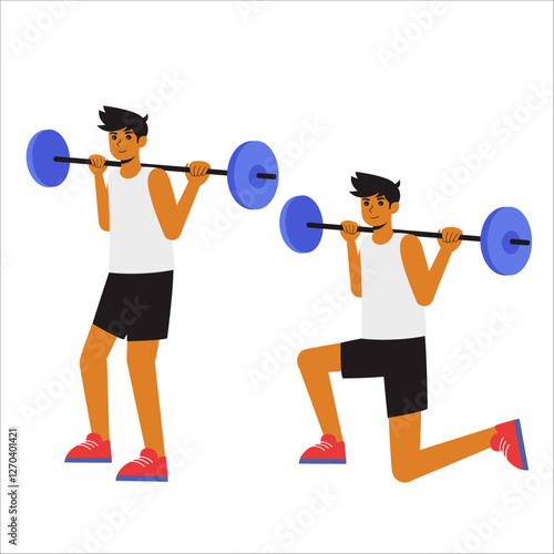 man performing barbell lunges, a powerful lower-body exercise that targets the legs and glutes. The character holds a barbell across his shoulders, maintaining proper posture as he steps forward into 