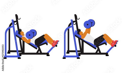 man performing an inclined bench press, a variation of the traditional bench press that targets the upper chest and shoulders. The character lies on an inclined bench, gripping a barbell or dumbbells 