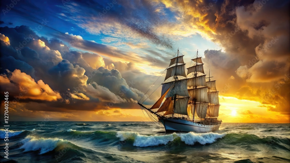 Obraz premium A majestic ocean liner battles dramatic waves, its sails full in an epic seascape.