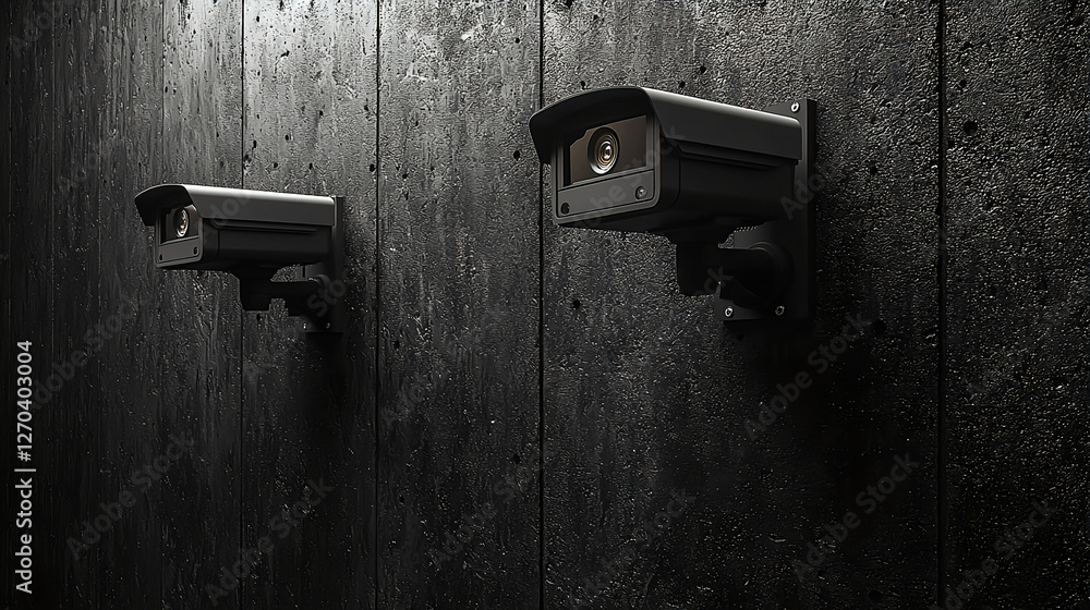 Modern security cameras mounted on a textured wall Modern security cameras mounted on a textured wall