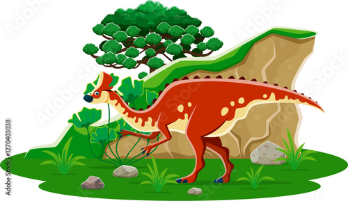 Cartoon dinosaur Amurosaurus, prehistoric lizard in Jurassic park forest, vector dino. Prehistoric Amurosaurus dinosaur lizard character for kids paleontology atlas or Cretaceous species era museum