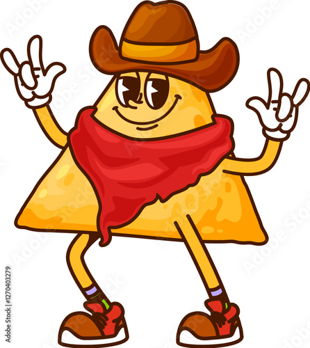 American cowboy Mexican corn nacho chip cartoon cheerful character. Western outlaw fastfood nacho chip funny mascot, Wild West Mexican snack groovy vector character wearing cowboy hat and bandana