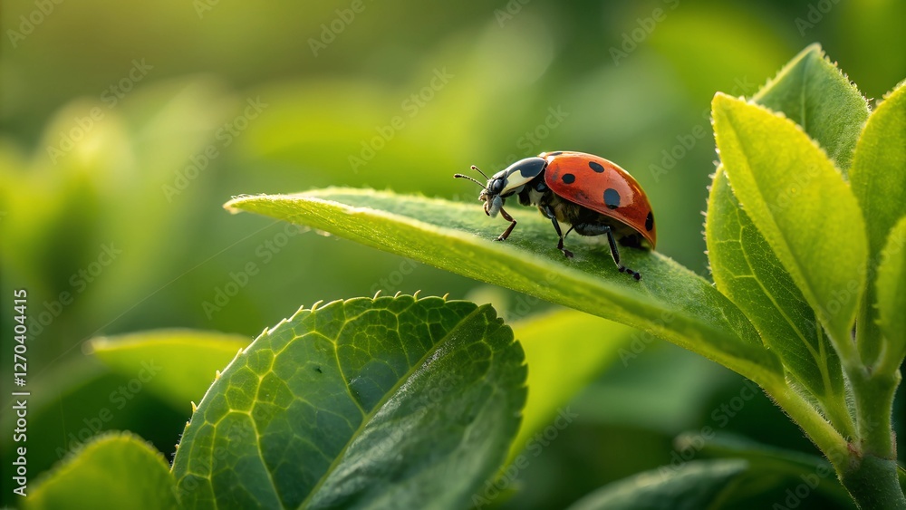 Ladybug on Green Leaves: A captivating close-up of a ladybug, resplendent in its iconic red and black patterned shell, delicately perched upon the vibrant green leaf. Ladybug on Green Leaves: A captivating close-up of a ladybug, resplendent in its iconic red and black patterned shell, delicately perched upon the vibrant green leaf.