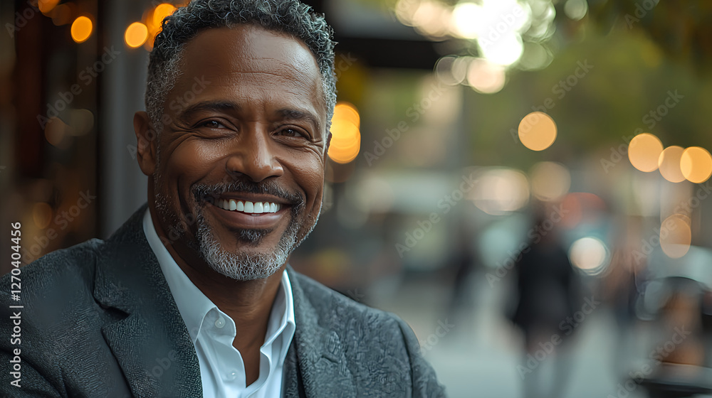 Confident man smiling warmly in a vibrant urban setting Confident man smiling warmly in a vibrant urban setting