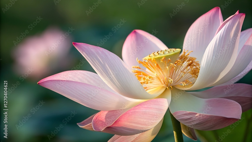 Lotus Blossom's Gentle Embrace: A delicate lotus flower, its petals a soft blush of pink, opens gracefully, revealing a vibrant yellow center, a testament to nature's exquisite artistry. Lotus Blossom's Gentle Embrace: A delicate lotus flower, its petals a soft blush of pink, opens gracefully, revealing a vibrant yellow center, a testament to nature's exquisite artistry.