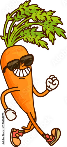 Cartoon groovy carrot vegetable character wearing sunglasses and a big grin, walking with enthusiasm on summer vacation. Vector cheerful veggie retro personage exudes fun and relaxation with y2k twist
