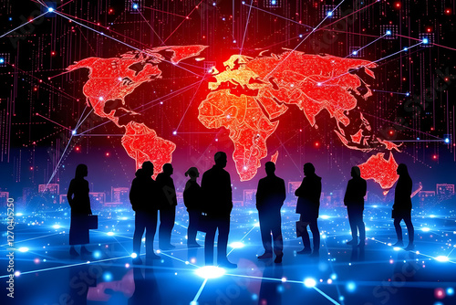 Silhouettes of people standing in front of a glowing world map, connected by digital lines and nodes, symbolizing global networking and technology.
