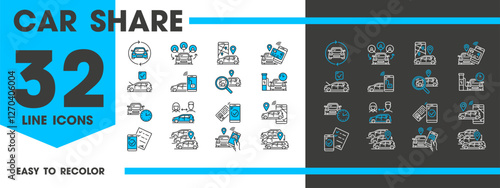 Car share service linear icons of carpool ride and vehicle rental vector carsharing pictograms. Car pool or auto drive rent for car sharing service interface of carpooling app or mobile application