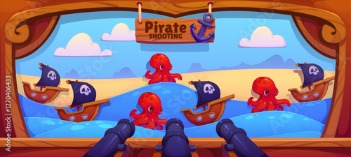 Pirate sea battle carnival shoot game, shooting range in amusement park vector background frame. Cartoon pirate ships and octopus monsters on water waves carnival shoot game booth or shooting gallery