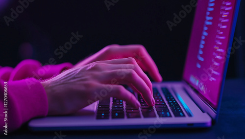 Hands typing on a laptop with bright neon screen for website programming.