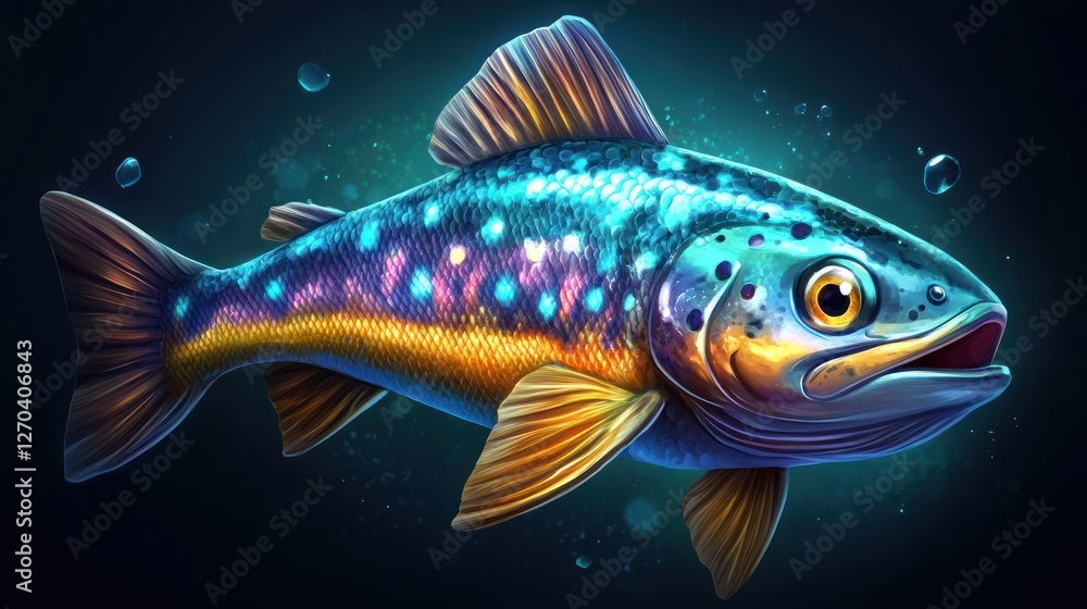 Sparkling trout swimming, dark background, game asset Sparkling trout swimming, dark background, game asset