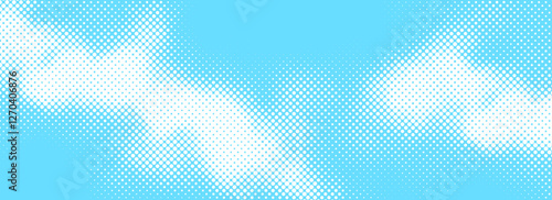 Dotted comic cloud background. Halftone clouds in sky. Pop art heaven wallpaper for banner, brochure, collage, poster, leaflet. Pixelated smoke, smog or fog texture. Vector backdrop