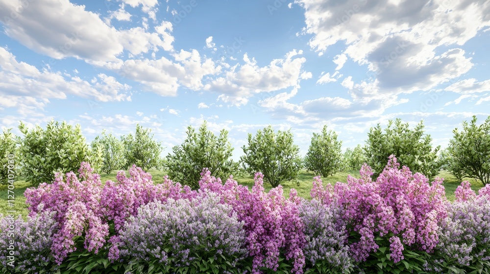 Vibrant Spring Landscape with Colorful Lilacs Under a Blue Sky and Fluffy Clouds Surrounded by Green Orchards Vibrant Spring Landscape with Colorful Lilacs Under a Blue Sky and Fluffy Clouds Surrounded by Green Orchards