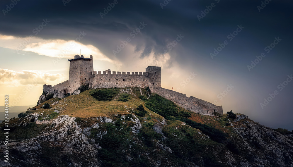fortress atop mountain peak symbolizes power against stormy sky fortress atop mountain peak symbolizes power against stormy sky