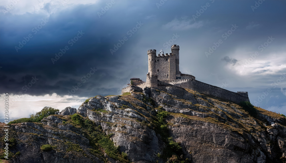 fortress atop mountain peak symbolizes power against stormy sky fortress atop mountain peak symbolizes power against stormy sky
