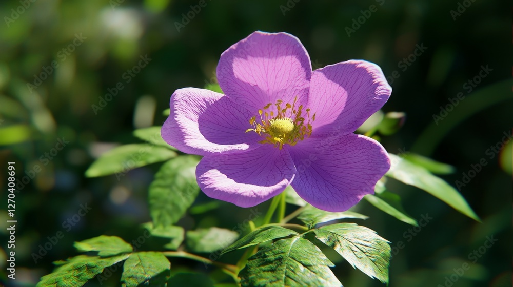 Delicate purple flower with soft petals and vibrant yellow center surrounded by lush green foliage in natural sunlight Delicate purple flower with soft petals and vibrant yellow center surrounded by lush green foliage in natural sunlight