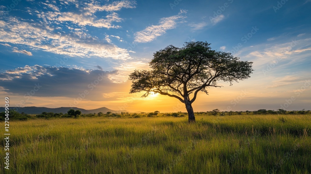 Scenic sunset over the African savanna with a lone acacia tree silhouetted against the sun. Scenic sunset over the African savanna with a lone acacia tree silhouetted against the sun.