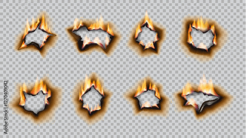 Realistic burnt paper holes with flames, showcasing charred edges and vivid fire effects. 3d vector gaps with burning blazing tongues on sheet. Torn borders and ripped frames isolated layouts