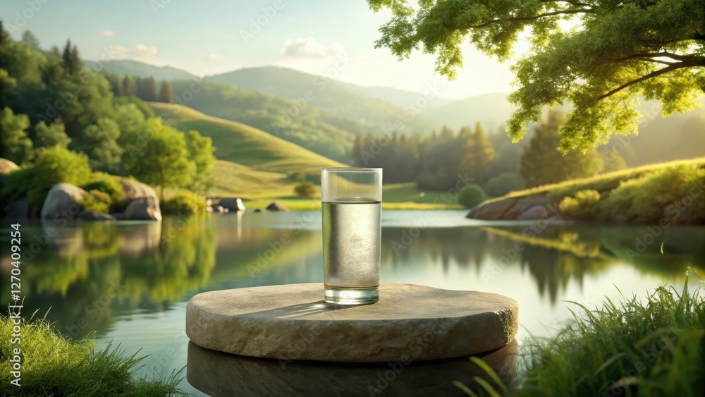 Fototapeta premium A glass of pure water rests on a stone, by a tranquil lake reflecting the serene landscape of rolling hills and lush greenery under a warm, sunny sky.