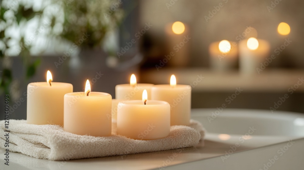 Serene Ambiance: Set of Illuminated Candles Signifying Relaxation, Meditation, and Tranquility Serene Ambiance: Set of Illuminated Candles Signifying Relaxation, Meditation, and Tranquility