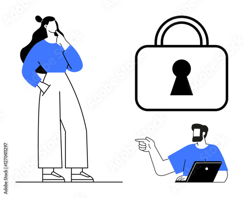 Woman thinking, large lock, man with laptop pointing. Ideal for cybersecurity, data protection, IT discussions, teamwork, problem-solving online safety and brainstorming. Line metaphor