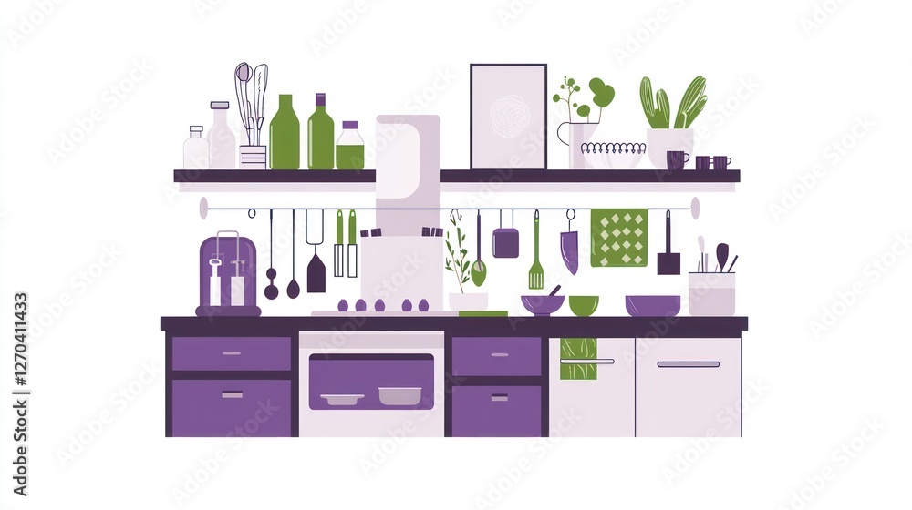 Fototapeta premium Modern kitchen interior with utensils and herbs; illustration